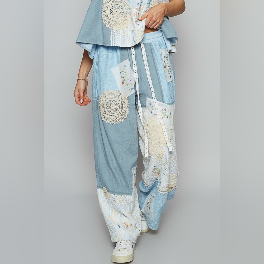 PB19 POL Patchwork Wide-Leg Pants - Light Blue and Cream